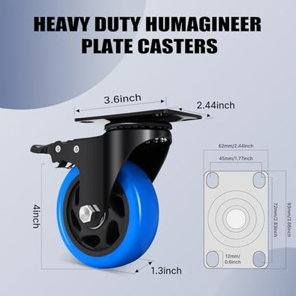 4 Inch Swivel Casters Set of 4, 1800 Lbs Heavy Duty Caster Wheels, Dual-Locking Castors with Brake, No Noise Top Plate Wheels for Furniture, Workbench and Carts (Free Hardware Kits) - size: 4inch