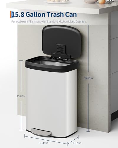 Garvee 16 gal / 60 L Metal Trash Can with Lid, Large Garbage Can for Kitchen, Rustproof Step-on Kitchen Metal Trash Bin with Liner Rim, Rear Handle, Soft Close Plastic Lid, White - color: White, size: 15.8 Gallons