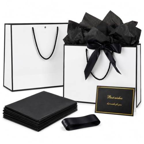 15 Pack White Gift Bags Set with Tissue Paper Ribbon Card for Wedding Party - color: White,Black
