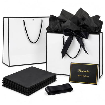 15 Pack White Gift Bags Set with Tissue Paper Ribbon Card for Wedding Party - color: White,Black