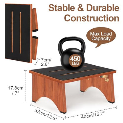 Step Stool Foldable, Wooden Step Stool with Non-Slip Rubber Stepping Feet, Folding Platform Step Stools for Adults Seniors in Kitchen, Home, Bedroom, Office, Rv, Easy to Carry,450 LBS Capacity (Brown) - size: 7 Inch High