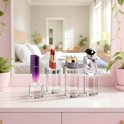 Hacaroa 4 Pcs Acrylic Cylinder Risers Display Stand, Clear Polished Round Display Blocks Transparent Photo Props, Mini Solid Pedestal Base for Jewelry, Perfumes, Figurines, 4 Sizes