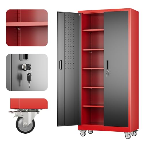 Aobabo Upgrade 71H''*32''W*16''D Metal Garage Storage Cabinet with Wheels and Pegboards, 5 Adjustable Shelves Steel Storage Cabinets for Home,Warehouse,Garage,Assembly Required,Black Red - color: Black Red, size: 16"D x 32"W x 71"H-0 Drawers
