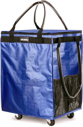 (Medium, Navy) Reusable Grocery Bag on Wheels, 70L Foldable Rolling Tote, Extra Storage for Shopping, Zipper Clouser Shopping Carts for Groceries, Laundry, Organization, Moving,4 Heavy Duty Wheels - color: Navy, size: Medium