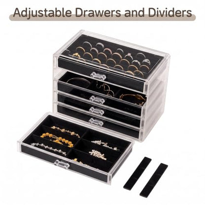 Frebeauty Extra Large Acrylic Jewelry Box for Women 5 Layers Clear Jewelry Organizer Velvet Earring Box with 5 Drawers Rings Display Case Necklaces Holder Tray for Women Girls (Black) - color: Black
