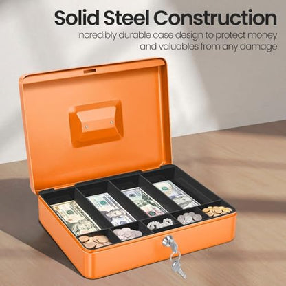 Flexzion Small Cash Box with Money Tray and Lock, 11.4-Inch, Orange - color: Orange
