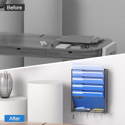 OUTWOLF Hanging Wall File Organizer with Hooks, 6 Tier Vertical Wall Mount File Holder, Paper Document Mail Organizer for Office, Pack of 2 - color: Hook Pack of 2