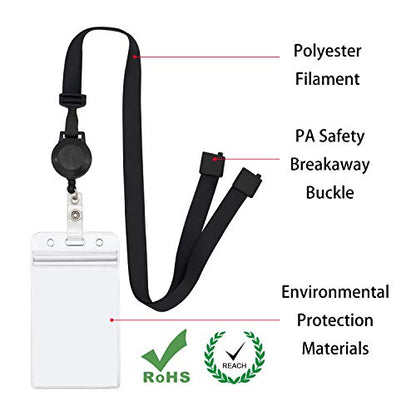 Retractable Safety Breakaway Lanyard with ID Holder, Dual Independent Waterproof Zip Card Holder, Safety Fastener and Adjustable Clasp [2 in 1 Wearing Combination] (Black 5 Pack (Vertical)) - color: Black 5 Pack (Vertical)
