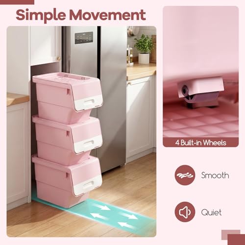 GIANTEX 6 Pack Plastic Stackable Storage Bins with Lids & Wheels, 12.5 QT - color: White + Pink, size: 6 Pack, 12.5 QT