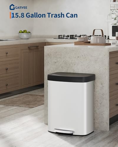 Garvee 16 gal / 60 L Metal Trash Can with Lid, Large Garbage Can for Kitchen, Rustproof Step-on Kitchen Metal Trash Bin with Liner Rim, Rear Handle, Soft Close Plastic Lid, White - color: White, size: 15.8 Gallons