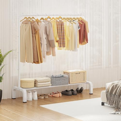 JIUYOTREE Metal Clothing Rack, 43.3 Inches Clothes Garment Coat Rack with Bottom Shelf for Hanging Skirts, Shirts, Sweaters, White - color: White, size: 43.3"W x 15.75"D x 61"H without wheels