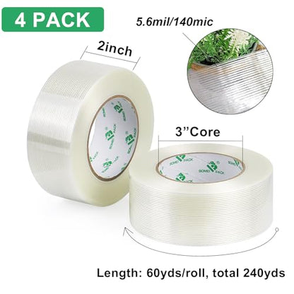BOMEI PACK 4Rolls Reinforced Packing Tape, Heavy Duty Filament Fiber Strapping Tape 2inch, 5.5Mil x 60Yds, Total 240Yds - size: 50mm x 60y/4rolls