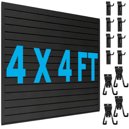 4x4 FT Slat Wall Paneling Wall Storage Systems with 12 Hooks (Black) - color: Black, size: 4x4 FT