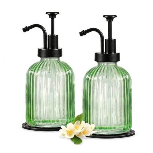 SheeChung 12oz Green Glass Liquid Soap Dispenser, Black Pump,Striped,2 Pack - color: Green, Black Pump, 2pcs