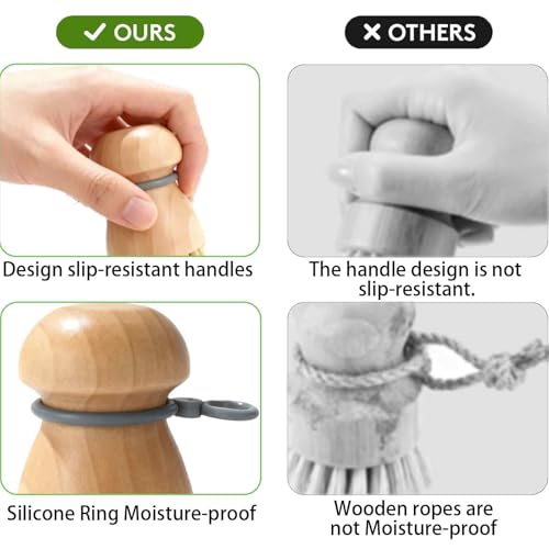 2 Pack Wooden Dish Brush with Soft Rubber Hanging Ring
