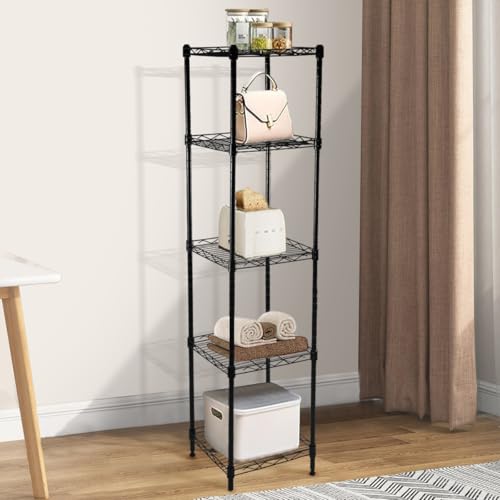 5-Wire Shelving Adjustable Shelves, Standing Storage Shelf for Laundry Bathroom Kitchen Pantry Closet Organization (Glossy Black, 11.8" L x 11.8" W x 50.5" H)
