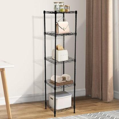 5-Wire Shelving Adjustable Shelves, Standing Storage Shelf for Laundry Bathroom Kitchen Pantry Closet Organization (Glossy Black, 11.8" L x 11.8" W x 50.5" H)