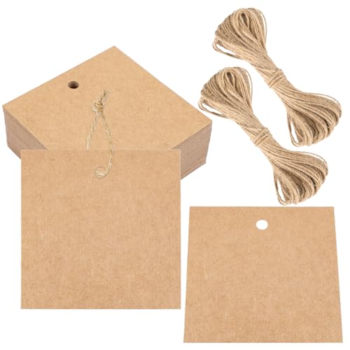G2PLUS Kraft Paper Gift Tags with String, 100PCS Brown Square Tag 2.5x2.5in - size: 2.5 x 2.5 inches, style: Kraft Square