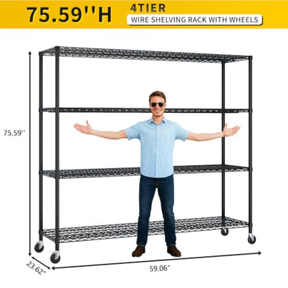 4-Tier Shelf, Adjustable Wire Metal Rack Shelving, Heavy Duty Standing Storage Shelves, Garage, Kitchen, Office, Bathroom, Shelfs Easy Assembly, 59" W x 23.6" D x 75.6" H Wheels, Black - color: Black, size: 4-tier 59.06"W x 23.62"D x 75.59"H Wheels
