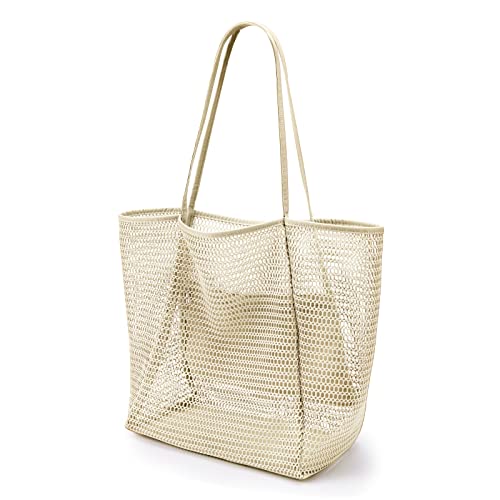 KALIDI Beach Mesh Tote Bag, Casual MAX 23L Summer Foldable Hobo Bag Women - color: Beige