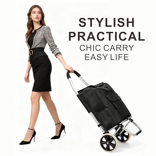 Foldable Utility Cart, 40L Rolling Shopping Cart with Wheels, Waterproof Removable Bag, Collapsible Trolley for Groceries Office Laundry Craft Show Travel (Black-2 Wheels) - color: 2 Wheels / Black