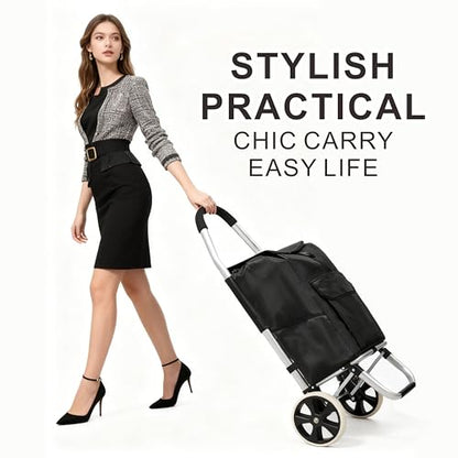 Foldable Utility Cart, 40L Rolling Shopping Cart with Wheels, Waterproof Removable Bag, Collapsible Trolley for Groceries Office Laundry Craft Show Travel (Black-2 Wheels) - color: 2 Wheels / Black