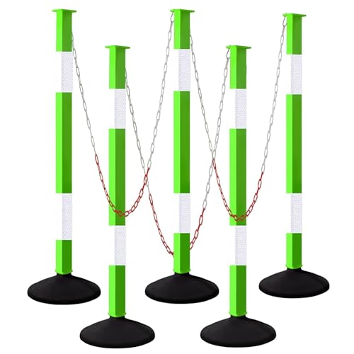 Traffic Delineator Post with Weighted Base & Reflective Collars, Adjustable Parking Cones with 4 FT Chains, Portable Orange Driveway Barrier Pole for Traffic Crowd Control（Patented） - size: 5 Pack-Green