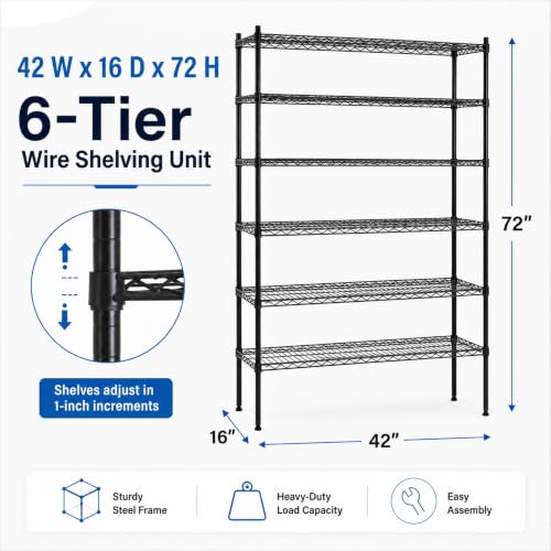 Meet perfect 6-Tier Wire Shelving Unit, 1500 lb, 42 x 16 x 72 in, Black - color: Black, size: 6-Tier, 72"H × 42"W × 16"D