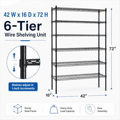 Meet perfect 6-Tier Wire Shelving Unit, 1500 lb, 42 x 16 x 72 in, Black - color: Black, size: 6-Tier, 72"H × 42"W × 16"D