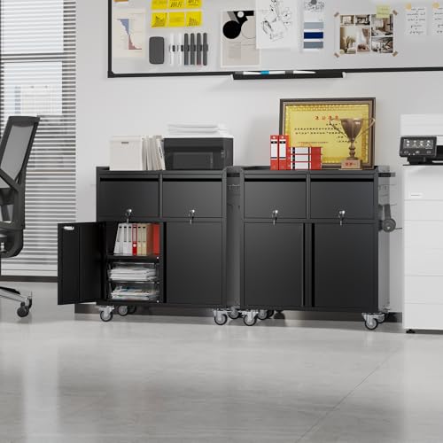 Metal Tool Cabinet with 2 Drawers, Adjustable Shelf & Wheels, Black - color: Black, size: 18.11"D x 30.31"W x 35.5"H