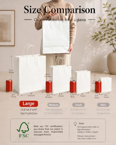 qiqee 30-Packs White Gift Bags with Handles Bulk 13''x5 x10 Large Size Paper Bags Multiple Uses (Large Size) - size: Large - 30 Pieces