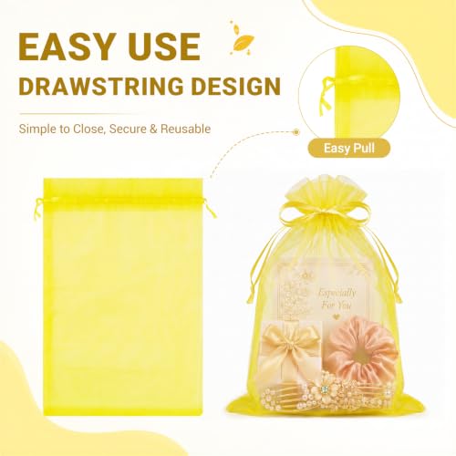 FUNFERY 100PCS Lemon Yellow Sheer Organza Bags 5x7 in, Goodie Bags Bulk - color: Lemon Yellow