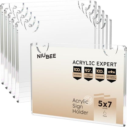 NIUBEE 5x7 Clear Acrylic Sign Holder Horizontal Wall Mount 6 Pack - size: Horizontal 6 Pack 5" x 7"