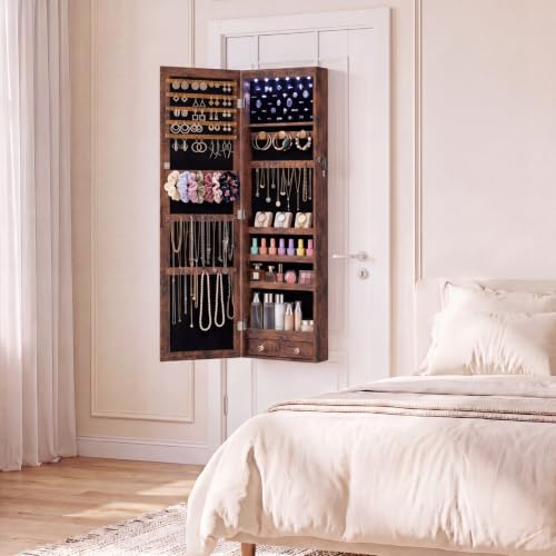 DUMOS 6 LEDs Mirror Jewelry Organizer Cabinet, Jewelry Armoire, 47.2 Inch - color: Rustic Brown