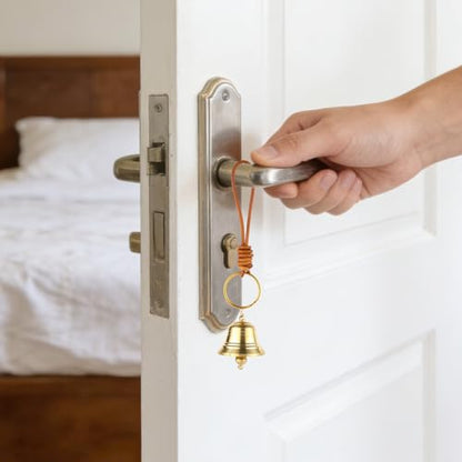 Small Brass Hanging Bell, Entry Doorbell Chime on Leather Rope