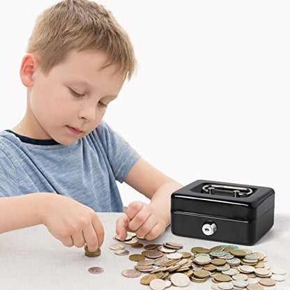 Decaller Mini Cash Box with Lock and Slot, Metal Coin Bank Piggy Bank for Adults & Kids, 4.9" x 3.7" x 2.3", Black - color: Black, size: X Small (4.9 Inch)