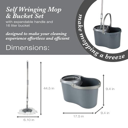 Simplify Self Wringing Mop & Bucket Set | 16 Liter | Extendable Handle | Gentle on Floors