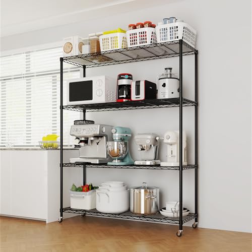 4-Tier Shelf, Adjustable Wire Metal Rack Shelving, Heavy Duty Standing Storage Shelves, Garage, Kitchen, Office, Bathroom, Shelfs Easy Assembly, 46" W x 18" D x 65" H Wheels, Black - color: Black, size: 4-tier 46.06"W x 17.7"D x 64.96"H Wheels