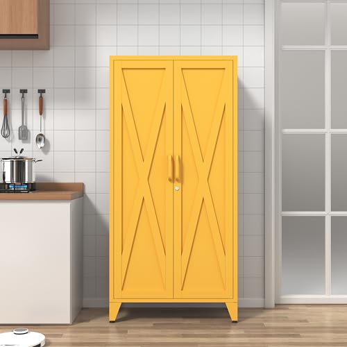61" Tall Yellow Farmhouse Metal Kitchen Pantry Cabinet, Lockable Freestanding Storage Cabinet with 2 X-Shape Metal Doors & 3 Adjustable Shelves, Cupboard with Legs for Home, Bedroom, Garage, Office - color: Mustard, style: Pantry-61"H-DH