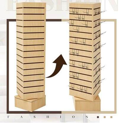 Beeveer Slatwall Tower Rotating 4 Sided Retail Fixture 4 Panel, Maple Wood