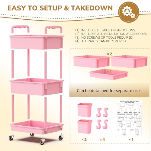 Goovilla Diaper Cart with Lockable Wheels and Easy Assembly, 3 Tier Pink - color: Pink