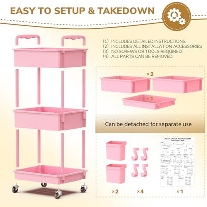 Goovilla Diaper Cart with Lockable Wheels and Easy Assembly, 3 Tier Pink - color: Pink