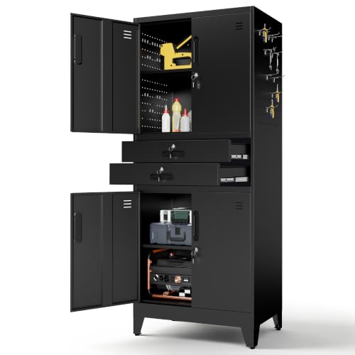 Metal Storage Cabinet for Garage, Tool Cabinet, Utility Cabinet - color: Black, size: L - 4 Doors & 2 Drawers (Feet)