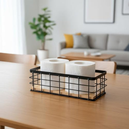 Set of 2 Black Metal Wire Storage Baskets with Wood Bottoms, Large & Medium Bathroom Organizer Bins, Farmhouse Kitchen Counter Spice Rack, Wall Mountable with Bonus Adhesive Hooks