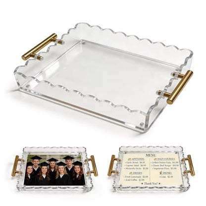 Scalloped Tray, Acrylic Tray with Insert — 12.60 × 7.87 × 1.97 Inches with Magnetic Pad and Handles, Durable Acrylic Organizer for Vanity, Bathroom, Kitchen Countertop & Coffee Table