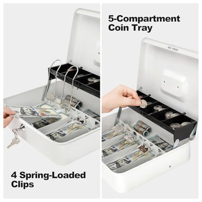 Cash Box with Key Lock & Foam Auto-Pop Coin Tray – Secure Steel Money Box with 4 Upgraded Finger-Safe Bill Clips, Premium Smooth Scratch-Resistant Coating, 11.8"L x 9.5"W x 3.5"H, KL White - color: KL White