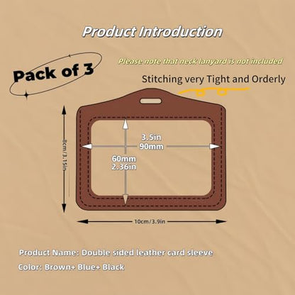 3 Pcs Leather ID Badge Holder with Dual-Side Clear Window ID Card Holder Waterproof Name Badge Holde for Women and Men, Horizontal Badge Holder Suit for Offices, Staff, Students, Employees