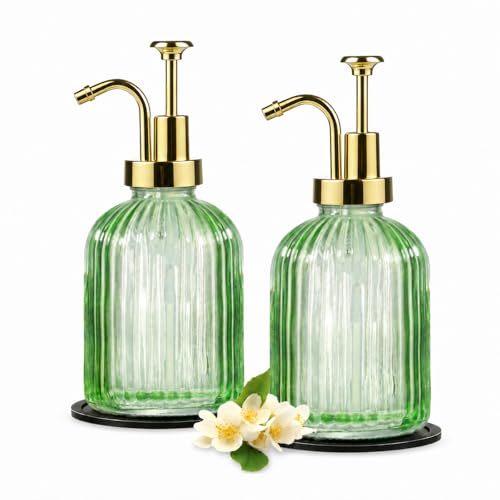 SheeChung 12oz Green Glass Liquid Soap Dispenser, Gold Pump, Striped,2 Pack - color: Green, Gold Pump, 2pcs