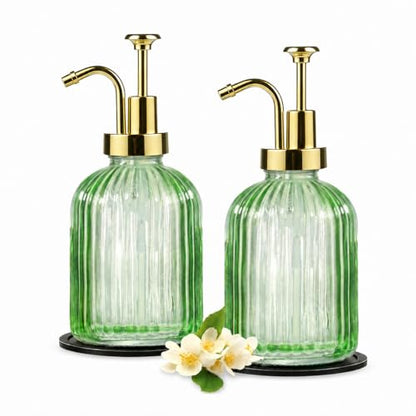 SheeChung 12oz Green Glass Liquid Soap Dispenser, Gold Pump, Striped,2 Pack - color: Green, Gold Pump, 2pcs