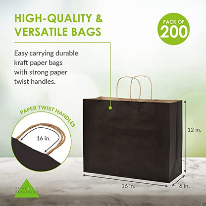 Prime Line Packaging Black Paper Bags with Handles, 16x6x12 Inch, 100 Pack - size: Pack of 100